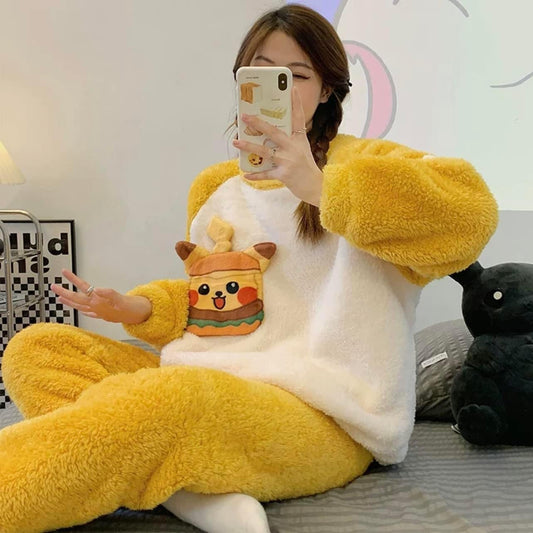 2022 new coral fleece pajamas women's autumn and winter thickened cute cartoon flannel home clothes casual suit winter
