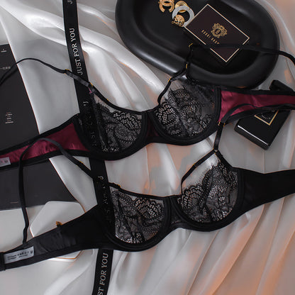 French style ultra-thin underwear set big breasts look small sexy micro-permeable lace look thin pure desire provocative anti-sagging bra