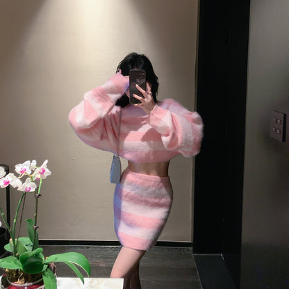 ByYou Autumn Pink Striped Loose Short Waist Sweater Set Women's High Waist Bag Hip Skirt Two-piece Set