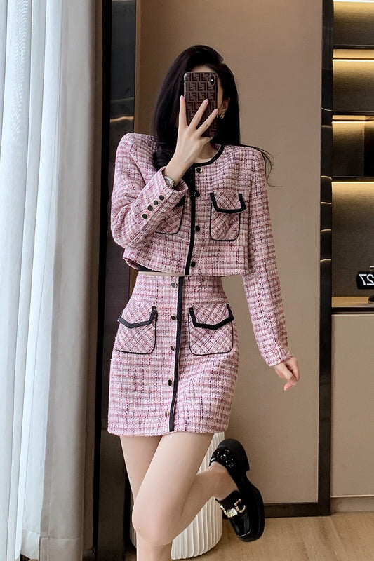 Temperament celebrity small fragrance suit female autumn 2022 new small pink skirt two-piece western style