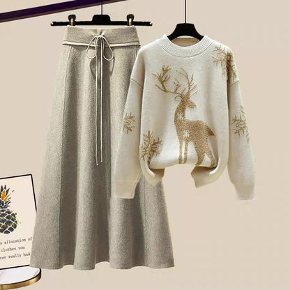 Winter winter clothes, fat sister, slimming, ladies, small fragrance suit, foreign style sweater, knitted skirt, two-piece temperament