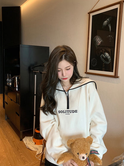 Navy Collar Fleece Sweatshirt American Zip Jacket Top