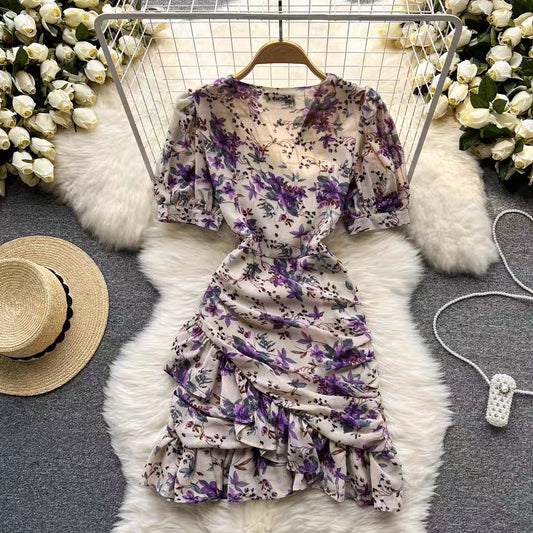 Celebrity temperament puff sleeve V-neck floral dress French light familiar style slim fit and thin printed all-match A-line skirt