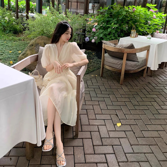 ByYou temperament V-neck Tencel dress women's summer design sense disc buckle waist slim puff sleeve mid-length skirt 1149