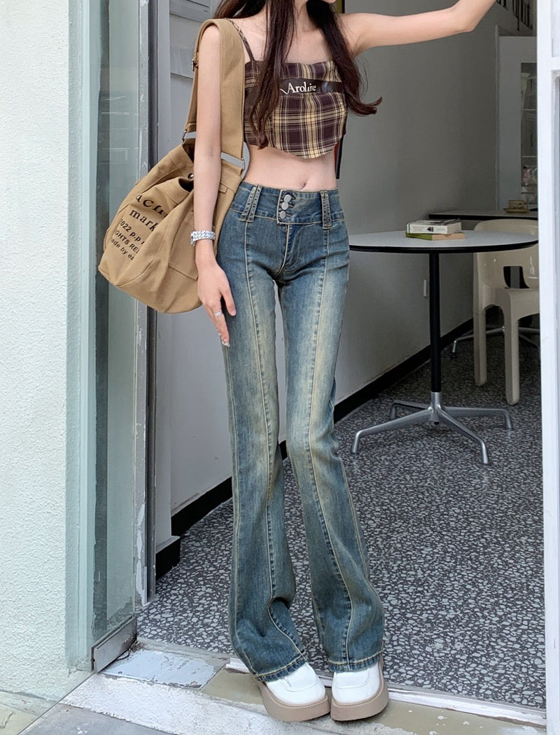 Blue retro stretch jeans women's autumn straight small all-match slim fit floor mopping micro flared trousers trousers