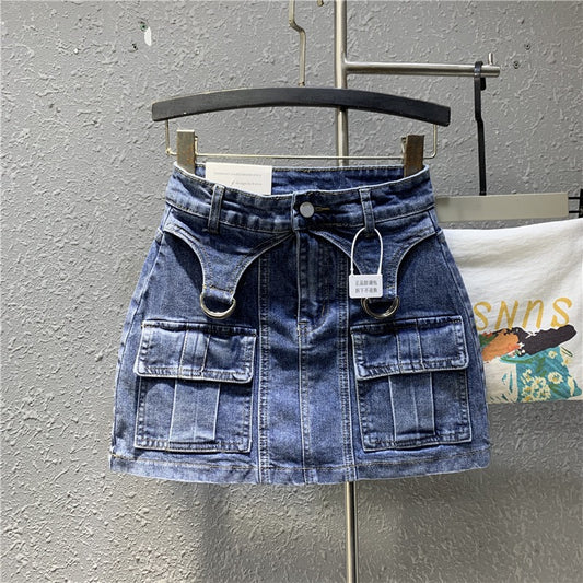 Original European goods 2023 spring new hot girl blue elastic denim bag hip skirt high waist small a-line skirt