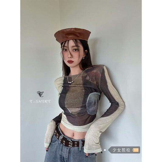 American retro printed front shoulder T-shirt women's spring new long-sleeved slim fit bottoming shirt with tight top