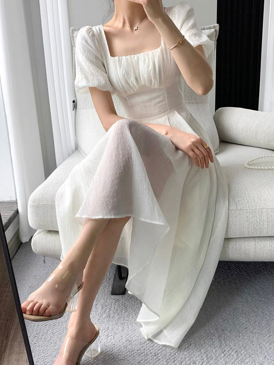 FT GUOGE white dress female 2022 summer new square collar high-end French gentle wind Tencel dress