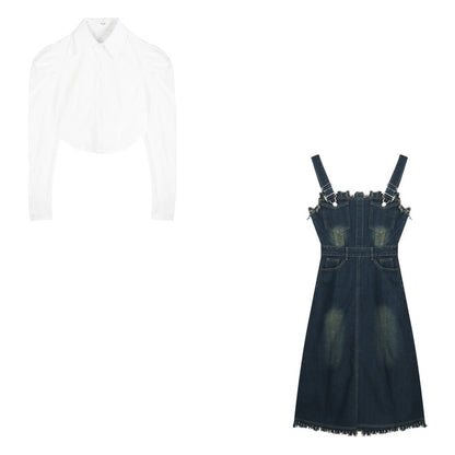 Retro strap denim dress women's spring 2023 new a-line tassel high-quality mid-length skirt