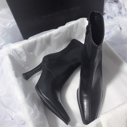 Senyu Haixiang Giant leg-length French high-heeled temperament Korean version of the solid color square head elastic thin and thin short boots