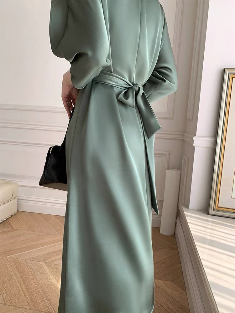 mona original simple high-grade silky satin dress irregular V-neck midi skirt women