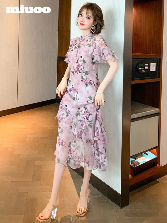 miuco Chinese style improved cheongsam stand collar plate buckle ruffled silk print dress women's 2022 Xia Xin