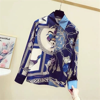 Women's clothing cutting label counters withdrawn foreign trade spring and autumn retro western style printing contrast color long-sleeved shirt tops