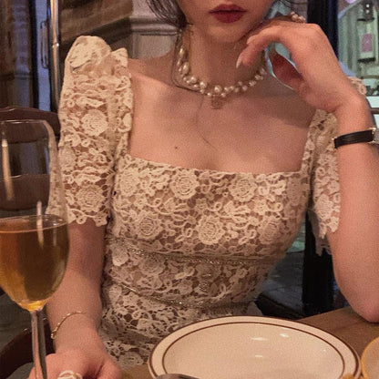 From a water-soluble lace dress women's spring dress 2022 new square collar French niche design atmosphere skirt
