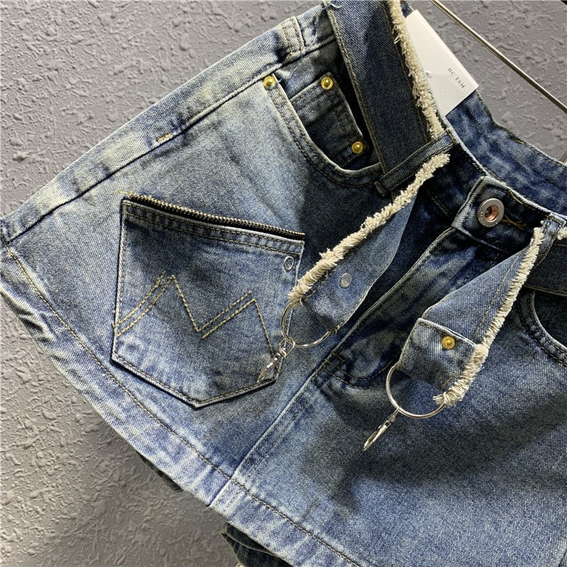 Original 2023 spring new retro light blue denim a-line skirt sexy zipper pocket petite skirt