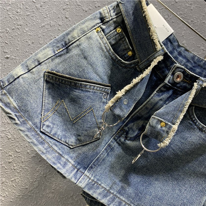 Original 2023 spring new retro light blue denim a-line skirt sexy zipper pocket petite skirt