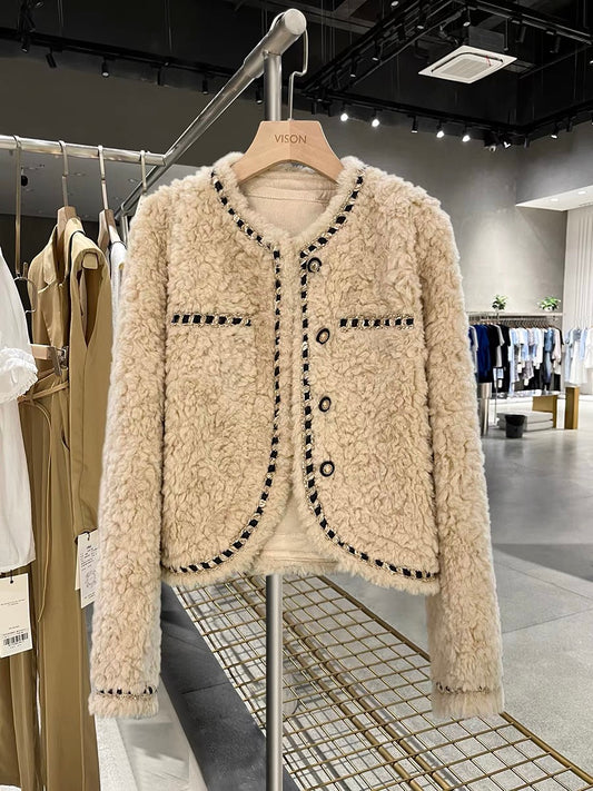 Khaki niche design lamb wool short coat female petite gentle and tall 2022 autumn and winter new top