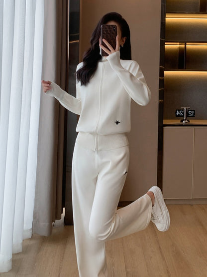 2022 new knitted casual fashion sports age-reducing turtleneck sweater wide-leg pants two-piece suit female autumn and winter style