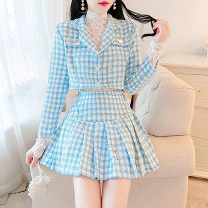 Xiaoxiangfeng suit temperament ladies 2022 autumn new high-end tweed short jacket pleated skirt two-piece set