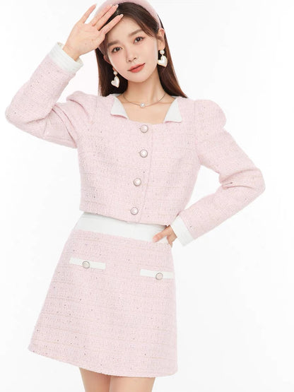 Fantu Fashion Puff Sleeve Jacket High Waist A-line Skirt Suit 2022 Autumn New Wool Small Fragrance Two-piece Set