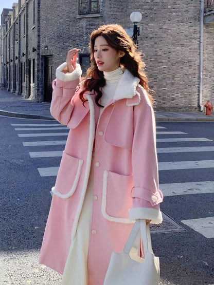 Pink lamb wool woolen coat women's winter thickened stand collar 2022 new Korean style gentle advanced woolen coat
