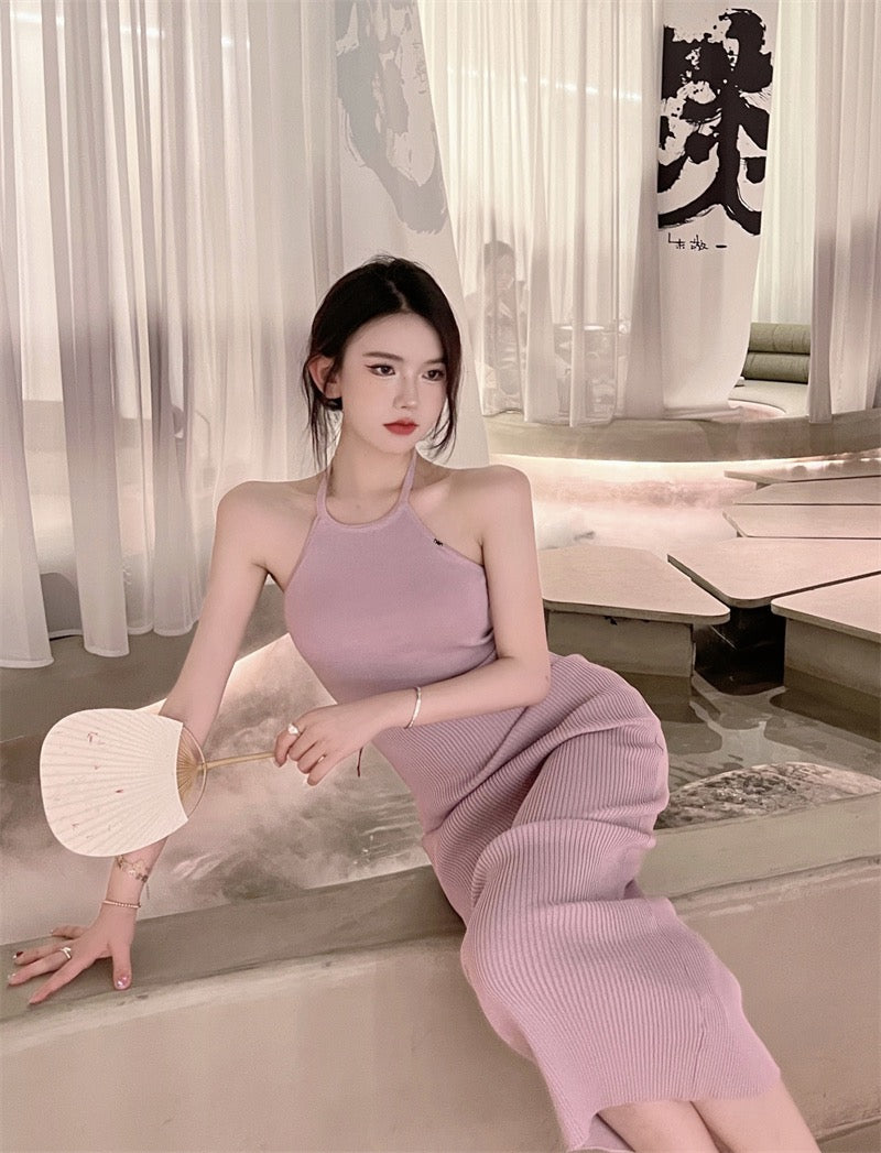 Dress women's Korean version slim and thin sexy halter neck skirt 2023 summer new pure desire knit wrap hip dress