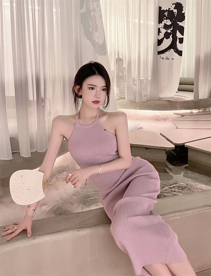 Dress women's Korean version slim and thin sexy halter neck skirt 2023 summer new pure desire knit wrap hip dress