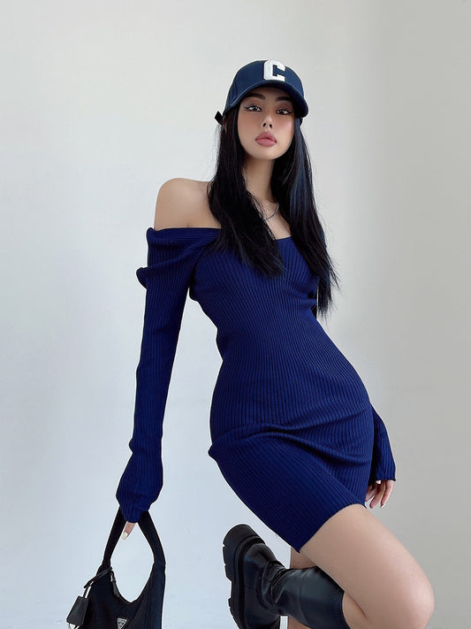 liviahome sweet and spicy tight bag hip skirt knitted dress women's autumn and winter big V-neck long-sleeved slim skirt