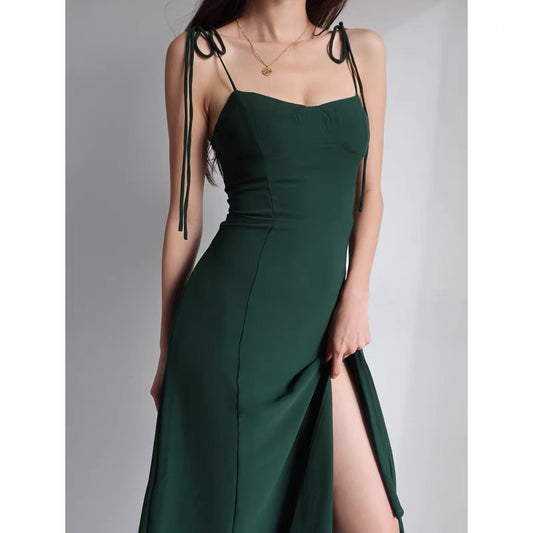 French dark green high waist suspender skirt retro sexy waist side slit tie dress beach holiday skirt