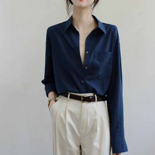 TRR high-end light luxury dark blue lapel long-sleeved loose shirt women's big mouth lazy ol commuter temperament top