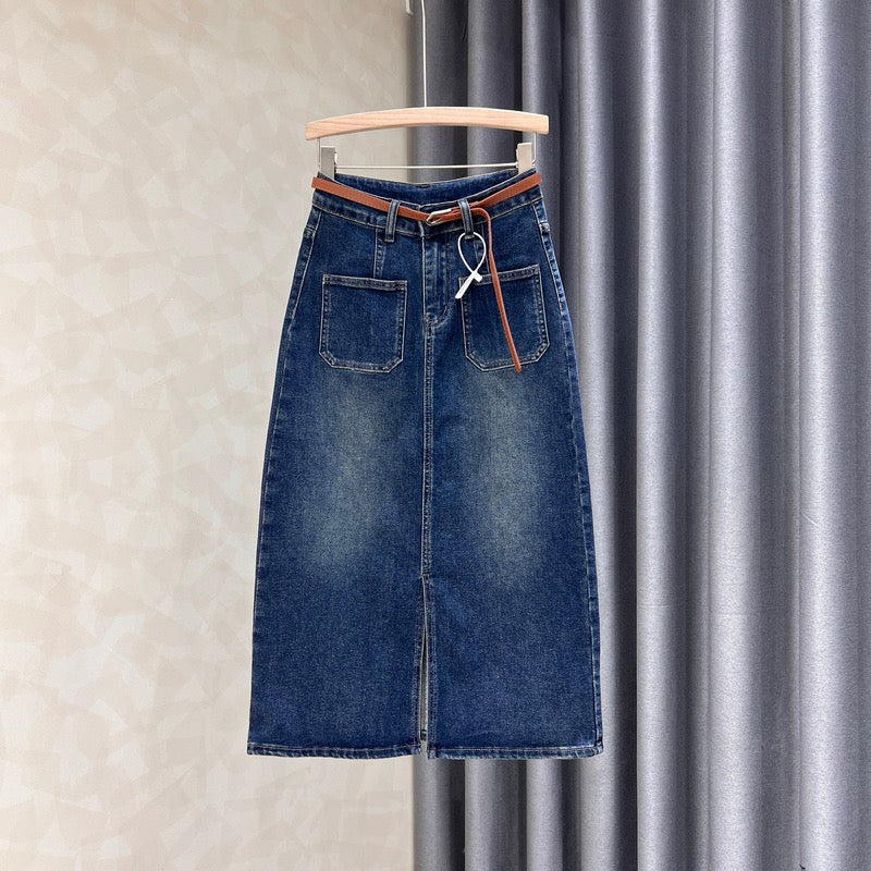 Dark washed denim skirt women's autumn new solid color all-match front slit high waist a-line bag hip long skirt