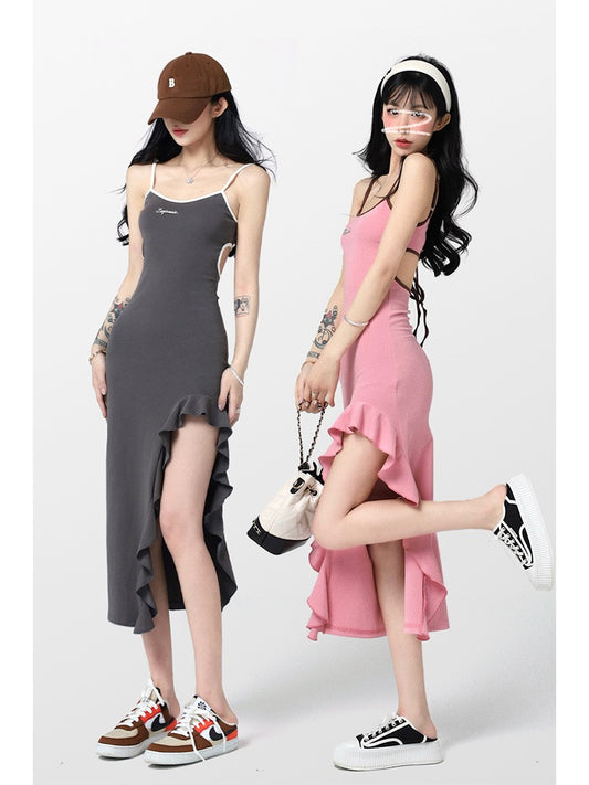 Aunt Barbie American retro hot girl suspender dress female 2023 summer slit back mother skirt bag hip dress