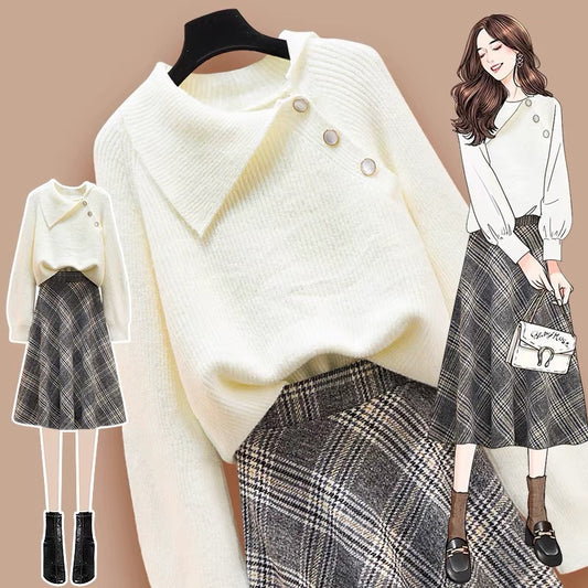Autumn dress women's 2022 new autumn and winter wear small temperament goddess fan long-sleeved sweater dress two-piece