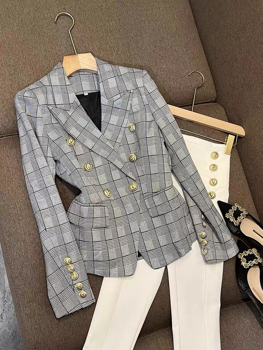 European station 2022 new ladies jacket slim fit British high-end goddess fan plaid suit jacket female 6856