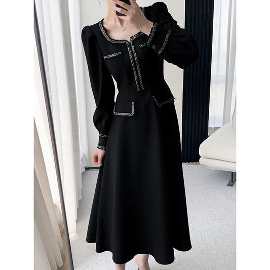 FT GUOGE black dress women's autumn 2022 new square collar French retro slimming long skirt 1594