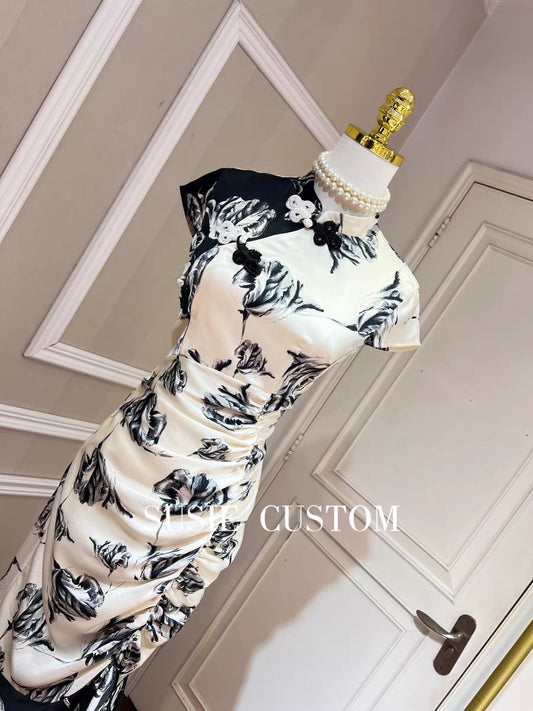 Temperament black and white contrast printing beaded plate buckle slim pleated bag hip split lotus leaf fishtail improved cheongsam skirt