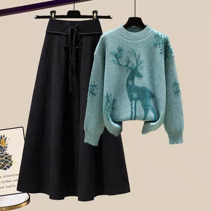 Winter winter clothes, fat sister, slimming, ladies, small fragrance suit, foreign style sweater, knitted skirt, two-piece temperament