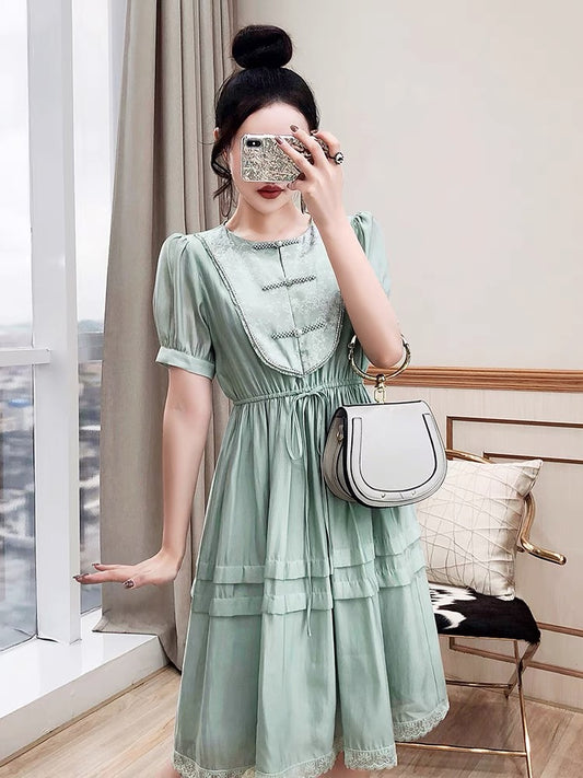 French bellflower skirt women's 2022 new summer dress mid-length green retro high-cold royal sister style dress