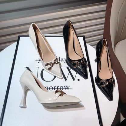 Off-white high-heeled shoes women's design sense niche temperament metal buckle pointed crocodile pattern stiletto shoes 2022 new