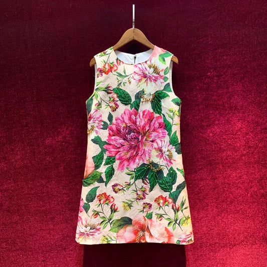 Printed skirt a-line skirt temperament heavy industry beaded light luxury Western style floral dress high-end 2022 new women