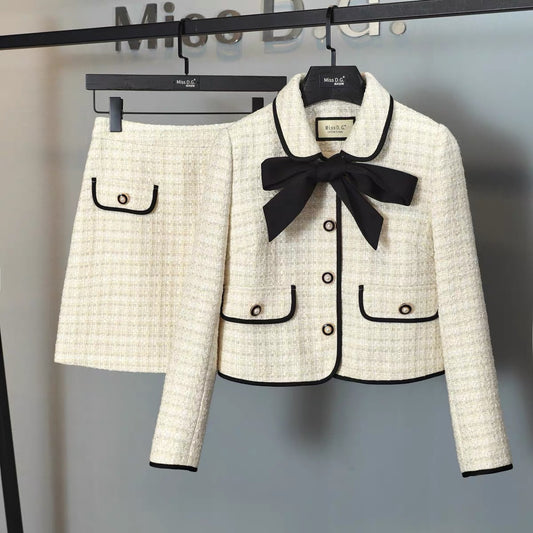 Miss DG small fragrance suit women's early autumn western style age-reducing bow tie short coat skirt two-piece set