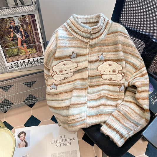 Japanese vintage ins lazy wind striped puppy sweater men and women vintage thickened high collar knitted coat cardigan