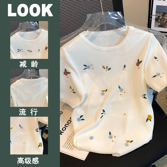 The counter shopping mall withdraws the international big-name cut-off single-tailed single-tailed women's embroidery short-sleeved t-shirt ice silk knitted top