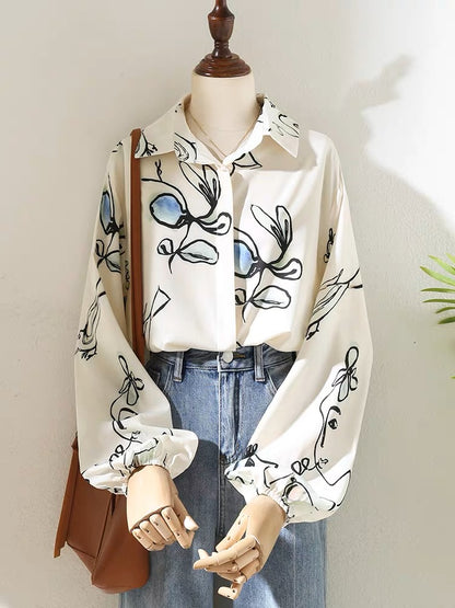 Niche design sense printed lapel shirt women 2023 spring women's temperament professional commuting lantern sleeve shirt