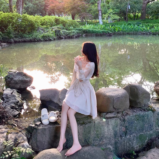ByYou puff sleeve white chiffon French dress summer 2022 new high-end waist fairy tea break dress 1152