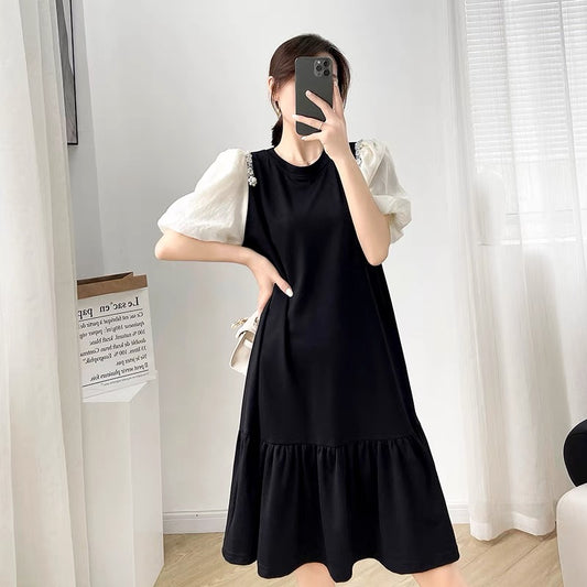 2022 new women's summer loose mid-length ruffle dress women's black stitching puff sleeve doll skirt