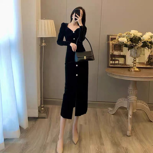 French retro velvet black dress women's autumn and winter Hepburn style little black dress waist slimming lady temperament long skirt