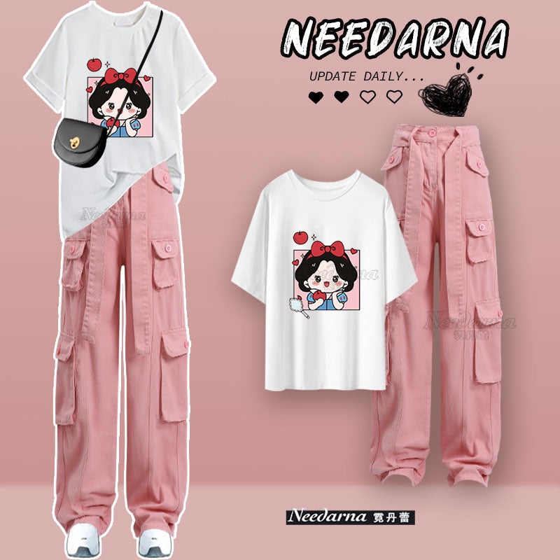 High-end small dress pink tooling wide-leg pants suit women's summer 2023 new slimming two-piece top