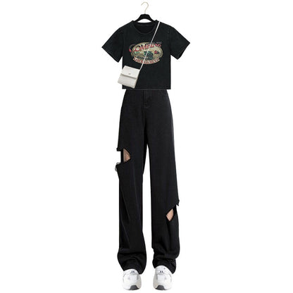 Salt style wears Yujie two-piece ripped jeans women's 2023 popular retro American print short top summer