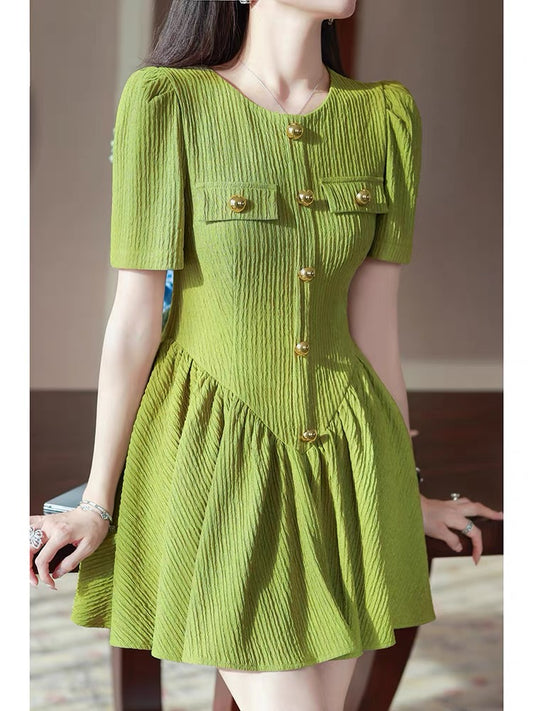 Temperament Western-style dress female summer 2022 new skirt ladies high-end jacquard short-sleeved waist pleated skirt